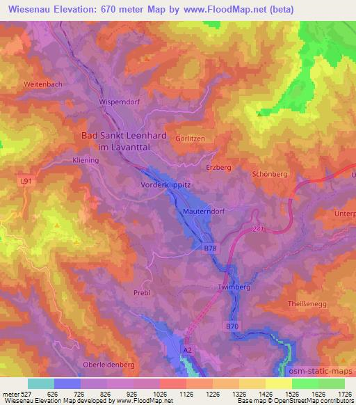 Wiesenau,Austria Elevation Map
