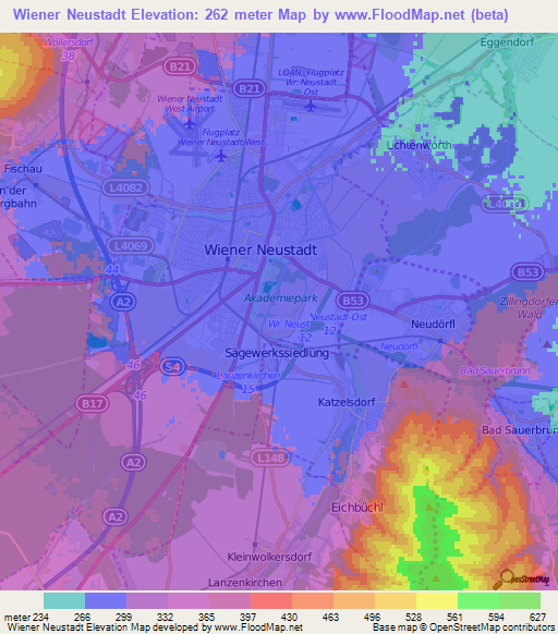 Wiener Neustadt,Austria Elevation Map