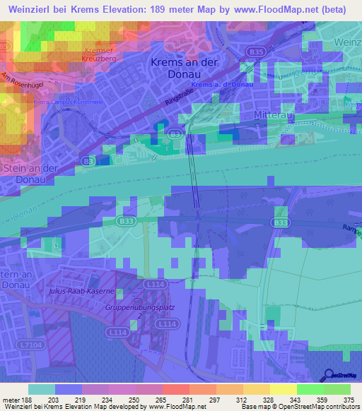 Weinzierl bei Krems,Austria Elevation Map