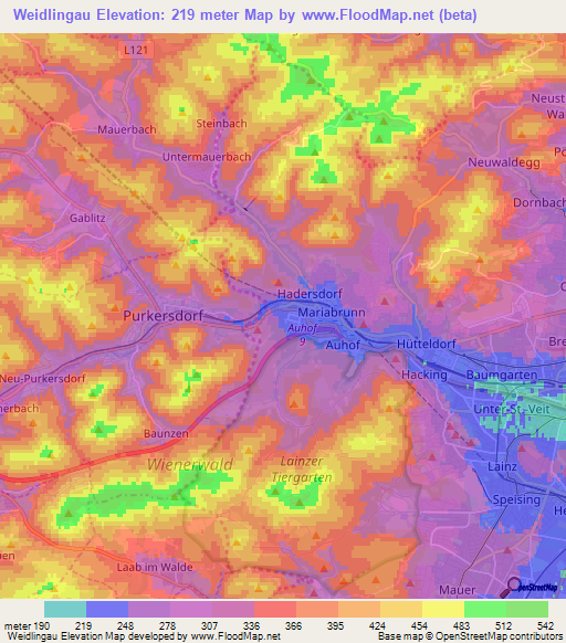 Weidlingau,Austria Elevation Map