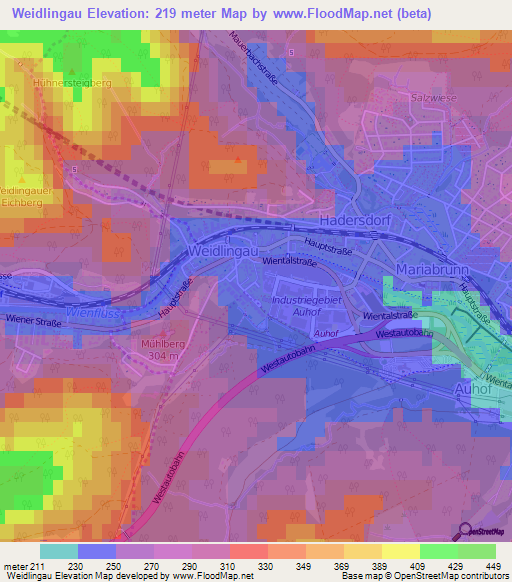 Weidlingau,Austria Elevation Map