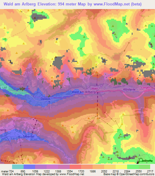 Wald am Arlberg,Austria Elevation Map