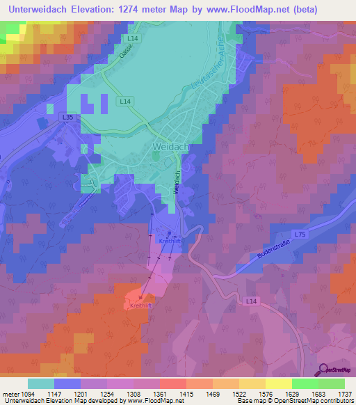 Unterweidach,Austria Elevation Map