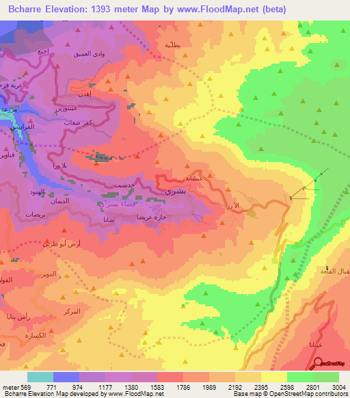 Bcharre,Lebanon Elevation Map