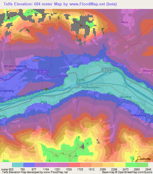 Telfs,Austria Elevation Map