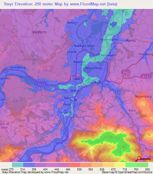 Steyr,Austria Elevation Map
