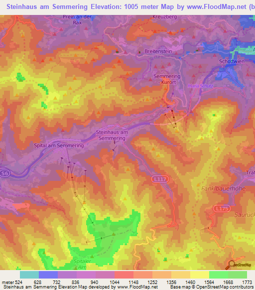 Steinhaus am Semmering,Austria Elevation Map