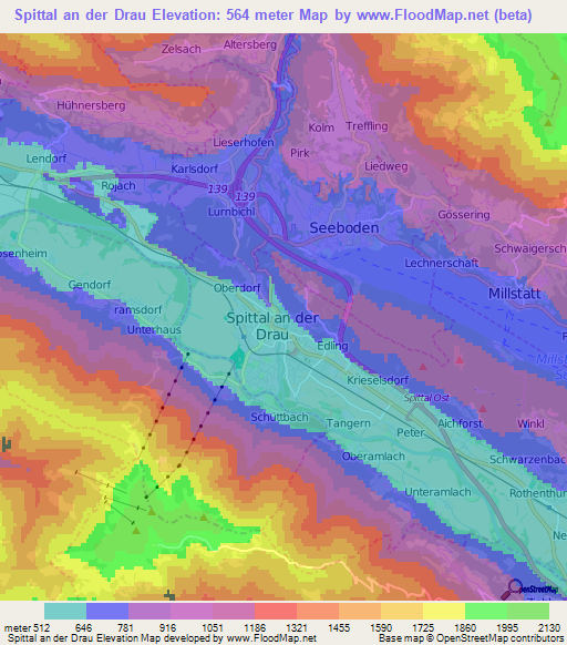 Spittal an der Drau,Austria Elevation Map