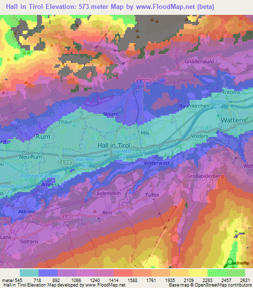 Hall in Tirol,Austria Elevation Map