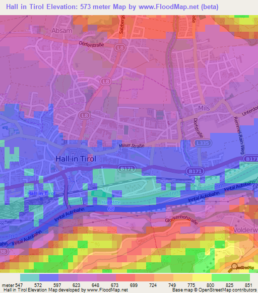 Hall in Tirol,Austria Elevation Map