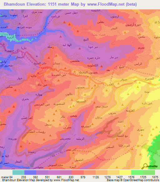 Bhamdoun,Lebanon Elevation Map