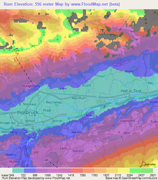 Rum,Austria Elevation Map