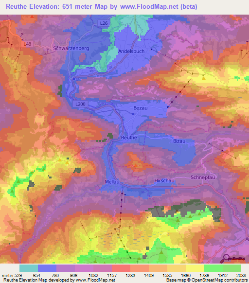 Reuthe,Austria Elevation Map