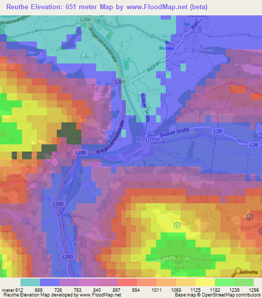 Reuthe,Austria Elevation Map