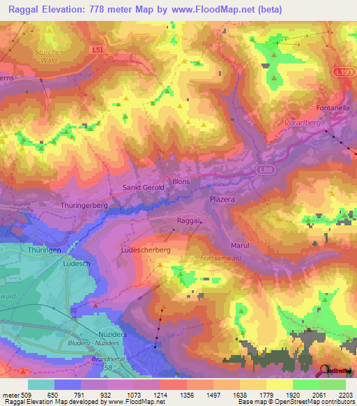 Raggal,Austria Elevation Map