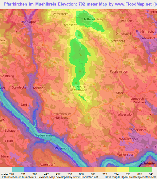 Pfarrkirchen im Muehlkreis,Austria Elevation Map