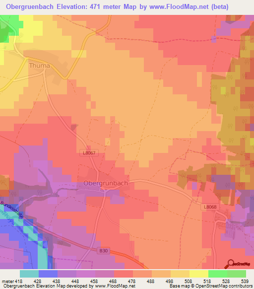 Obergruenbach,Austria Elevation Map