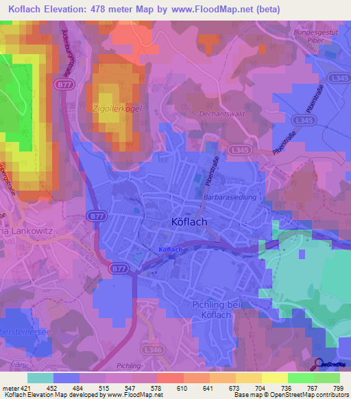 Koflach,Austria Elevation Map
