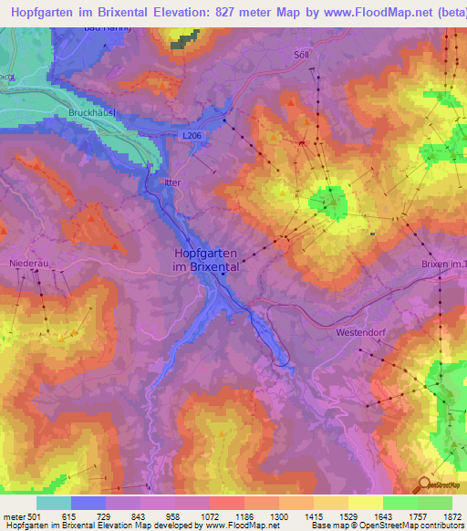 Hopfgarten im Brixental,Austria Elevation Map