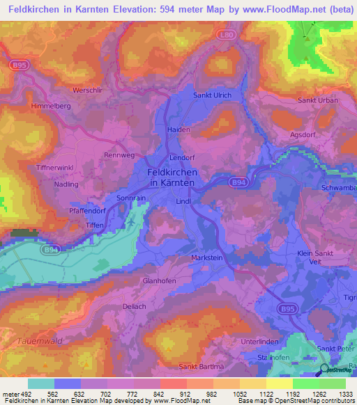Feldkirchen in Karnten,Austria Elevation Map