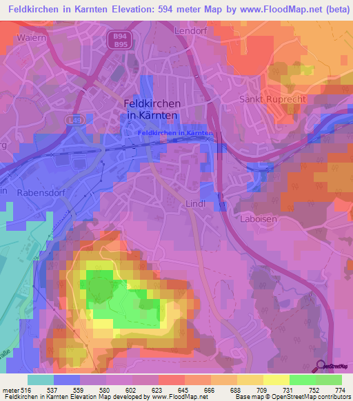 Feldkirchen in Karnten,Austria Elevation Map