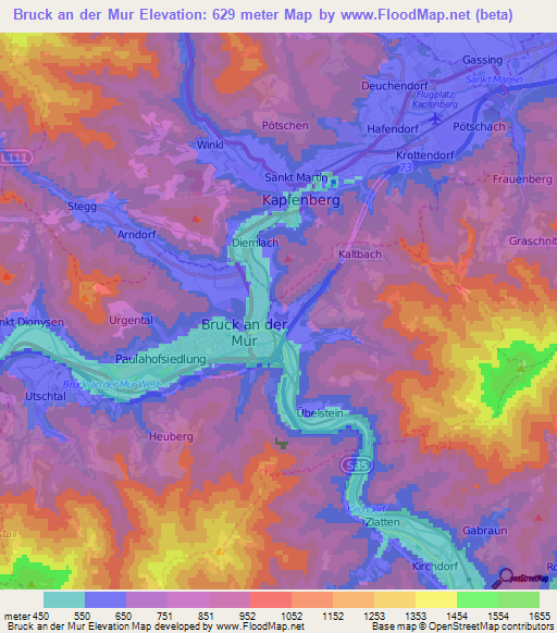Bruck an der Mur,Austria Elevation Map