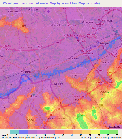 Wevelgem,Belgium Elevation Map