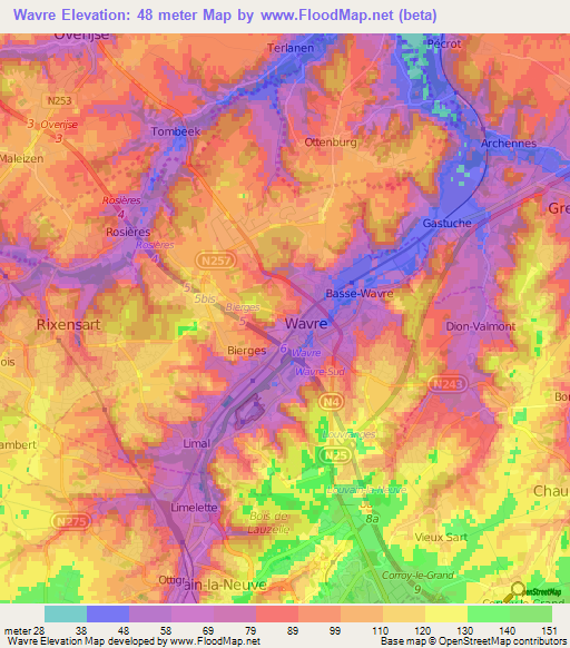 Wavre,Belgium Elevation Map