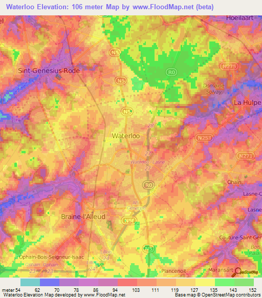 Waterloo,Belgium Elevation Map
