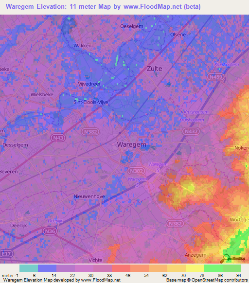 Waregem,Belgium Elevation Map