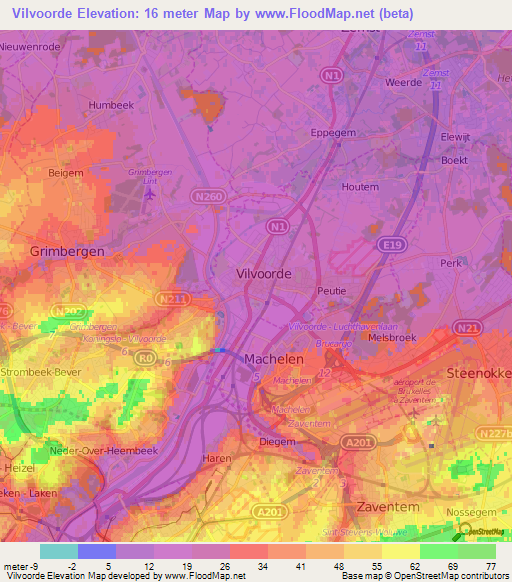 Vilvoorde,Belgium Elevation Map