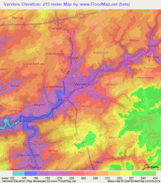 Verviers,Belgium Elevation Map
