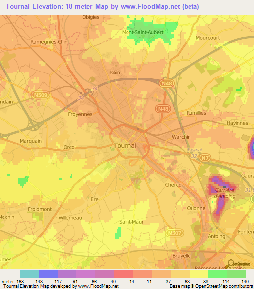 Tournai,Belgium Elevation Map