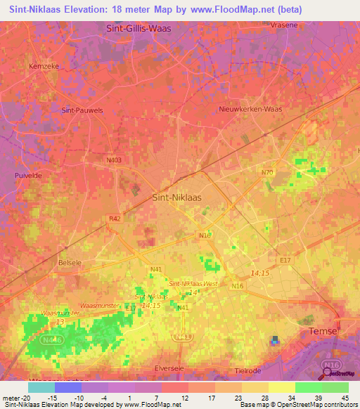 Sint-Niklaas,Belgium Elevation Map