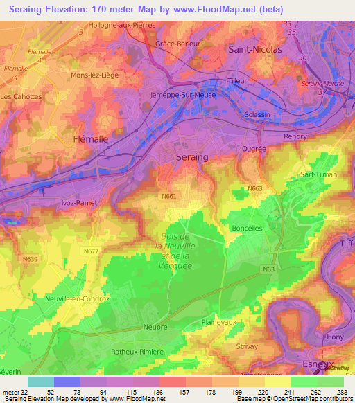 Seraing,Belgium Elevation Map