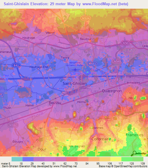 Saint-Ghislain,Belgium Elevation Map