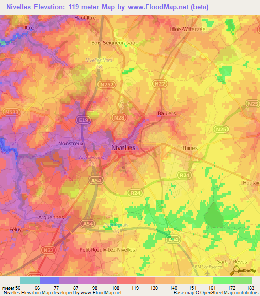 Nivelles,Belgium Elevation Map