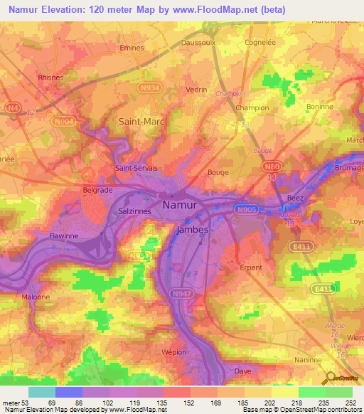 Namur,Belgium Elevation Map