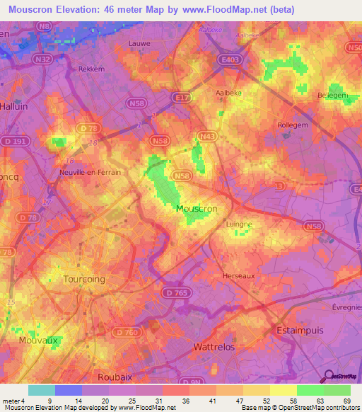 Mouscron,Belgium Elevation Map
