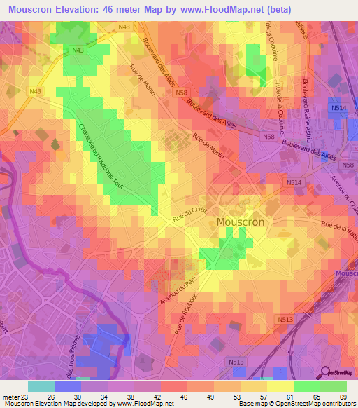 Mouscron,Belgium Elevation Map