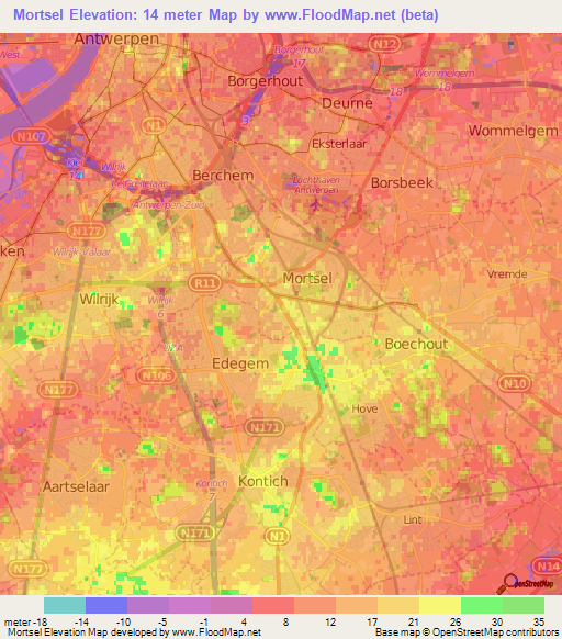 Mortsel,Belgium Elevation Map