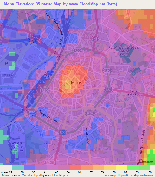 Mons,Belgium Elevation Map