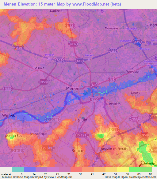 Menen,Belgium Elevation Map