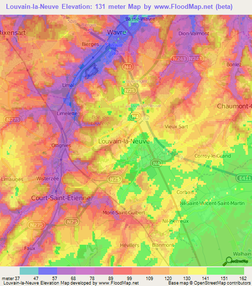 Louvain-la-Neuve,Belgium Elevation Map