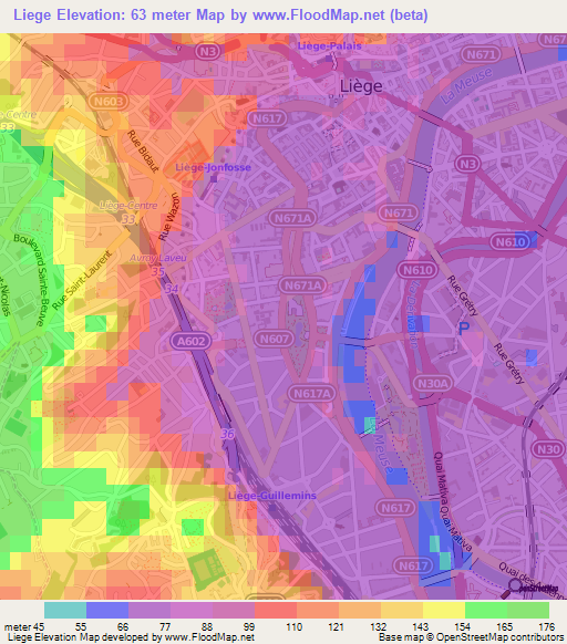 Liege,Belgium Elevation Map