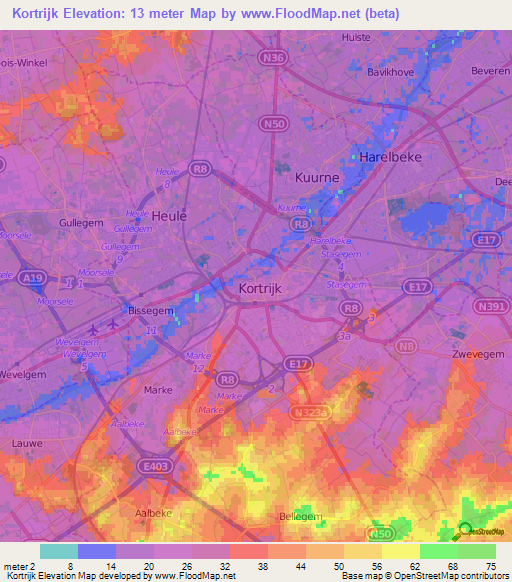 Kortrijk,Belgium Elevation Map