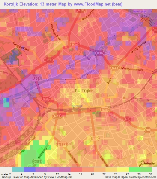 Kortrijk,Belgium Elevation Map