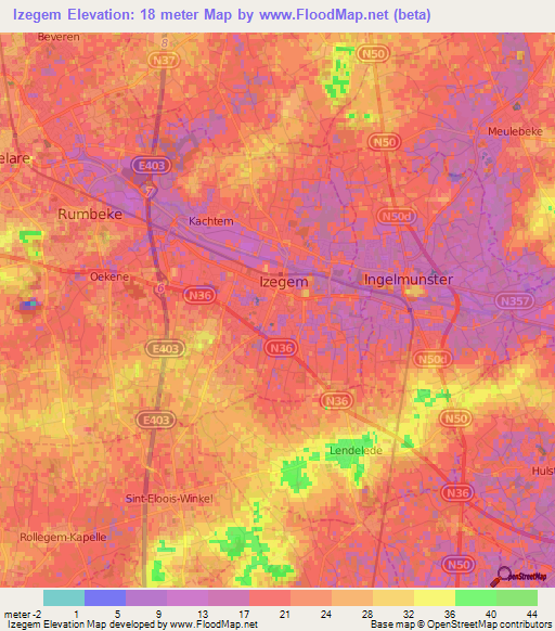 Izegem,Belgium Elevation Map