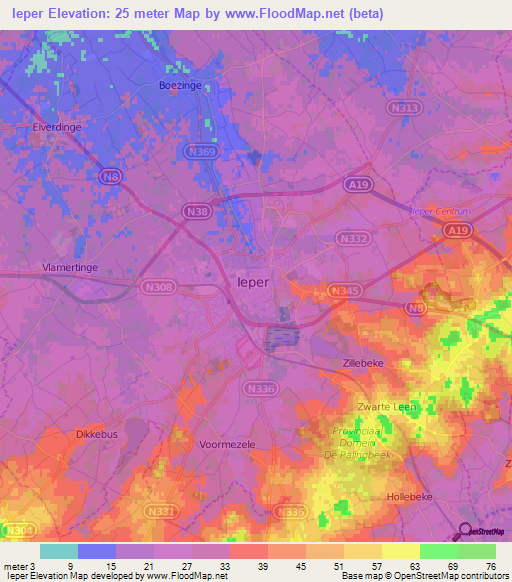 Ieper,Belgium Elevation Map