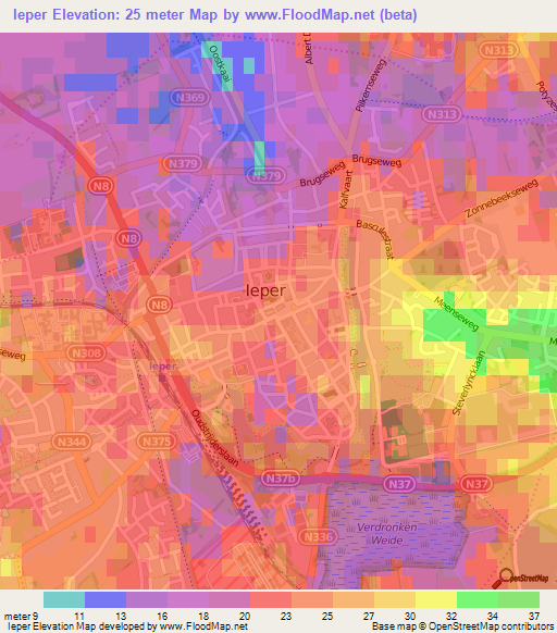 Ieper,Belgium Elevation Map